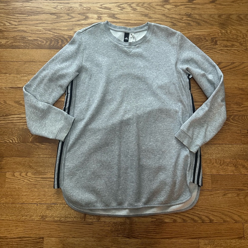 Adidas Gray Long Tunic style Crewneck Sweatshirt with Tri Stripe Logo on sides